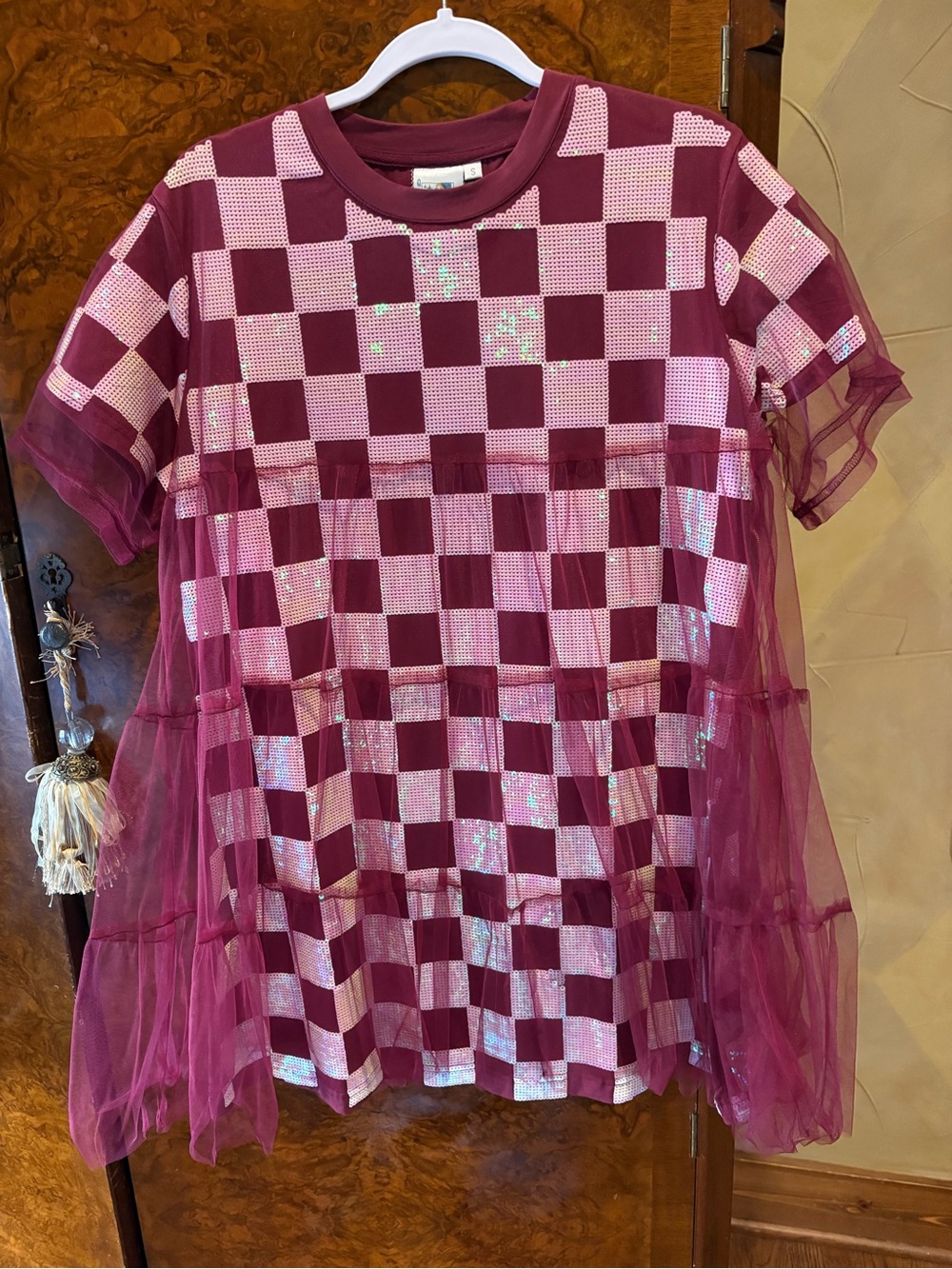 QUEEN OF SPARKLES Wine/White Checkerboard Mini Dress, S, NWT